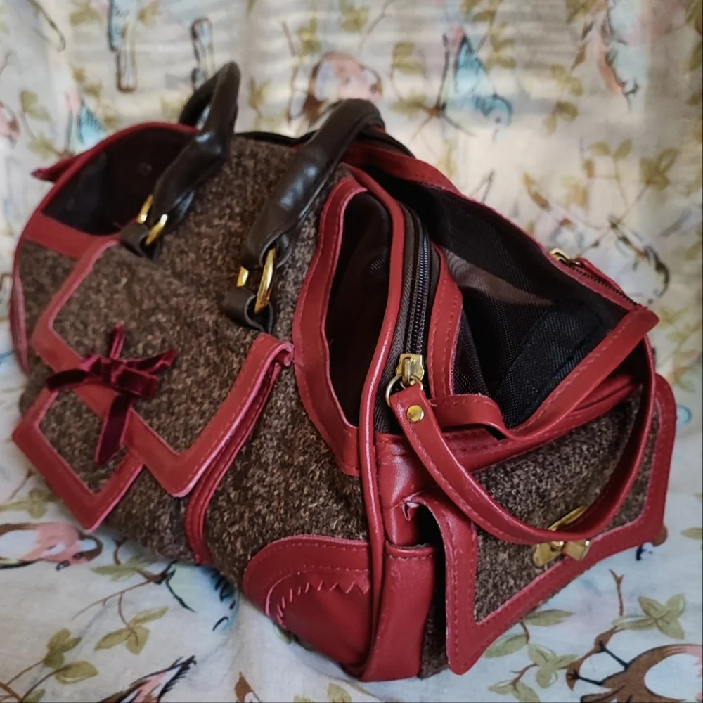 Pet Dog Cat Carrier Airplane Travel Road Trip Crate Soft Sided Wooly Brown Red